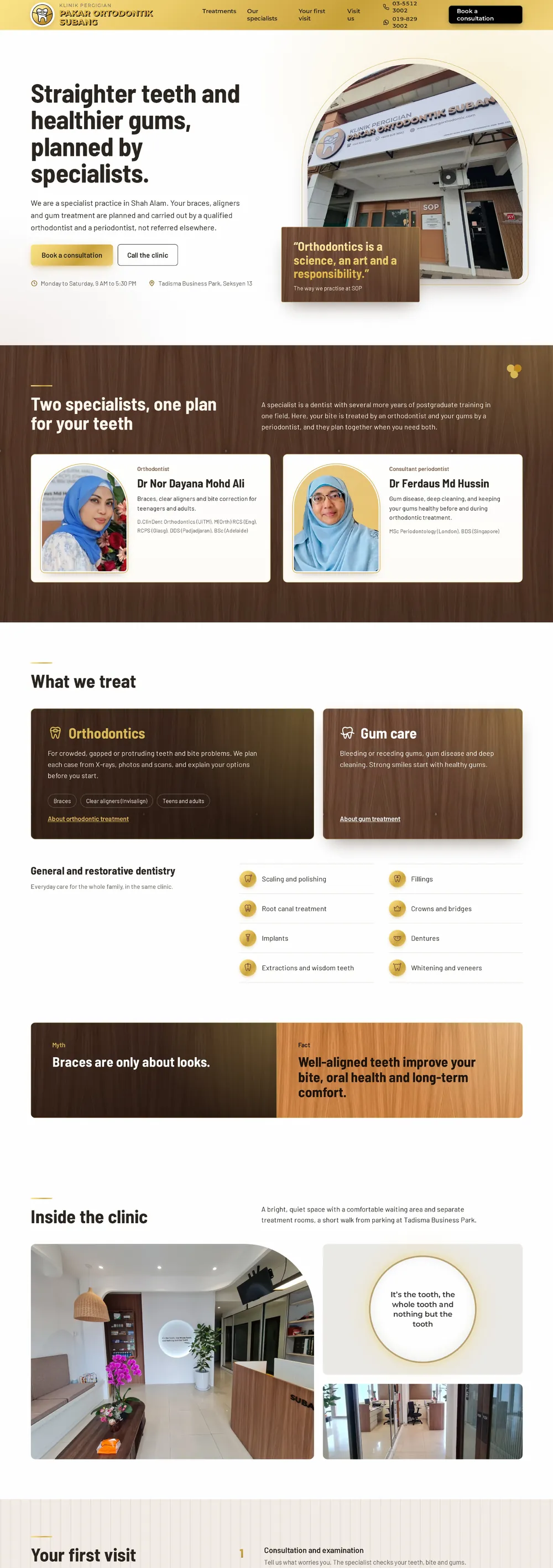 Full homepage design for Klinik Pergigian Pakar Ortodontik Subang: a gold and warm wood-themed dental clinic site with a hero photo of the clinic, two specialist profiles, treatment cards, a myth-versus-fact banner and clinic interior photos