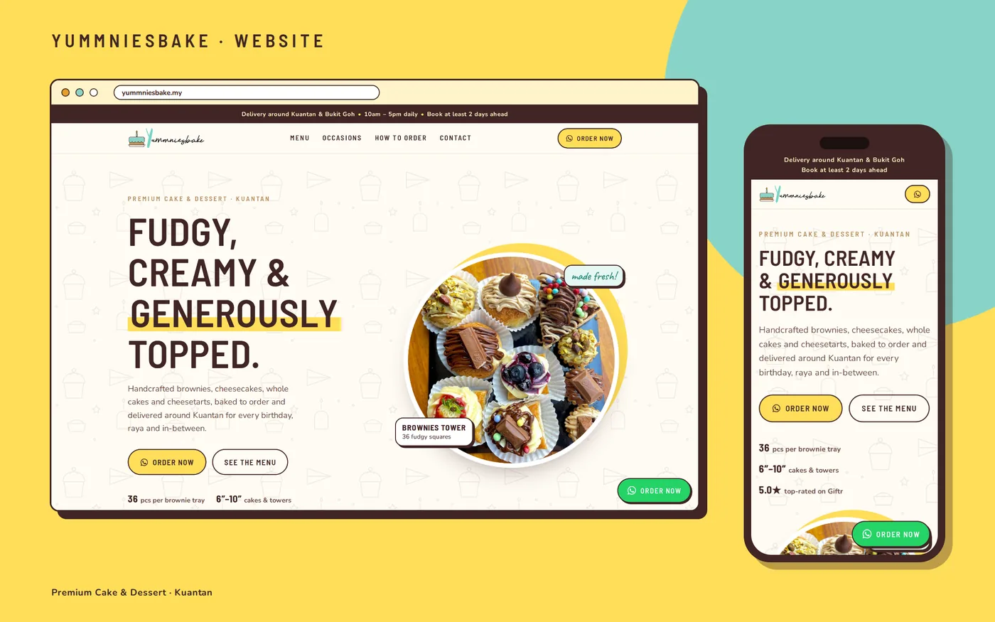 Yummniesbake website shown on a desktop browser and a phone: a cream-coloured cake shop homepage with a bold headline, a round photo of decorated brownies and a green WhatsApp Order Now button